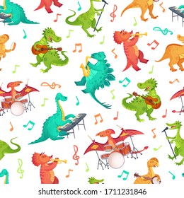 Seamless cartoon music dinosaurs pattern. Dino band, cute dinosaur playing music instruments and rockstar tyrannosaurus vector illustration. Dinosaur rock musician, musical playing guitar