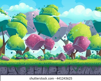 Seamless cartoon natural landscape with futuristic trees. Vector illustration for design, graphics, print, web, magazine, book, web games.