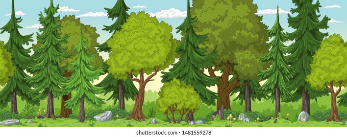 Seamless cartoon nature background. Vector illustration with separate layers.
