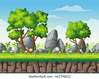 Seamless cartoon nature background. Vector illustration with separate layers.