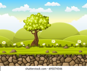 Seamless cartoon nature background. Vector illustration with separate layers.