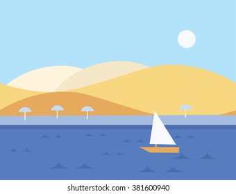 Seamless Cartoon Nature Landscape with Sailboat, Flat Vector Illustration