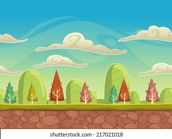 Seamless Cartoon Nature Landscape, Unending Background With Soil,  Trees, Mountains And Cloudy Sky Layers