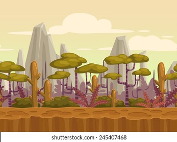 Seamless cartoon nature landscape, unending background with soil, plants, mountains and cloudy sky layers