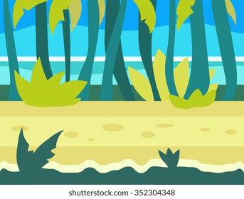 Seamless cartoon nature landscape, unending background with soil, trees, mountains and cloudy sky layers vector illustration