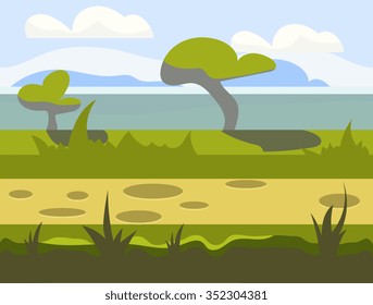 Seamless cartoon nature landscape, unending background with soil, trees, mountains and cloudy sky layers vector illustration