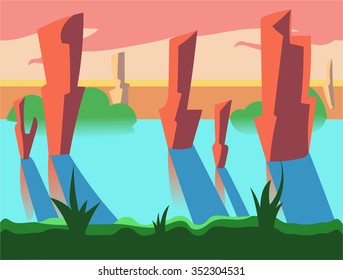 Seamless cartoon nature landscape, unending background with soil, trees, mountains and cloudy sky layers vector illustration