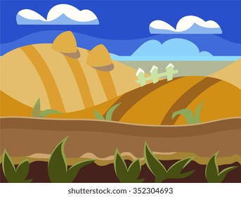 Seamless cartoon nature landscape, unending background with soil, trees, mountains and cloudy sky layers vector illustration