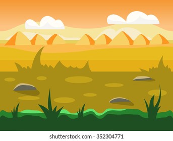 Seamless cartoon nature landscape, unending background with soil, trees, mountains and cloudy sky layers vector illustration