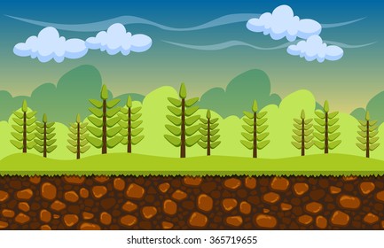 Seamless cartoon nature landscape, unending background with soil, trees and cloudy sky layers. Game vector background. Vector illustration.