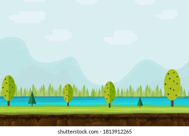 Seamless cartoon nature landscape, vector unending background with grass, forest, mountains and sky layers