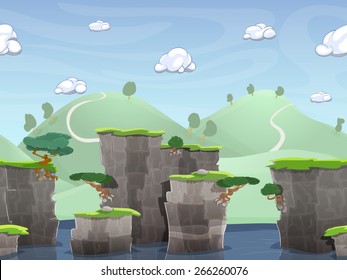 Seamless cartoon nature landscape, vector unending background with ground, hills, river and sky layers.