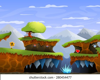 Caricatura perfecta paisaje natural, vectorial interminable fondo con tierra, montañas y capas de cielo.