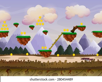 Seamless cartoon nature landscape, vector unending background with ground, forest, mountains and sky layers.