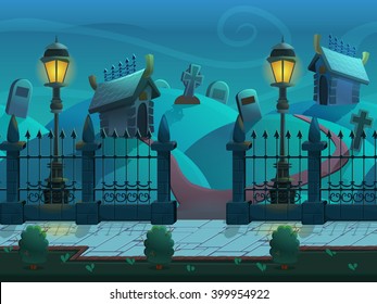 Paisaje nocturno de caricaturas impecable, con tumbas y criptas, fondo vectorial interminable con capas separadas para el juego.