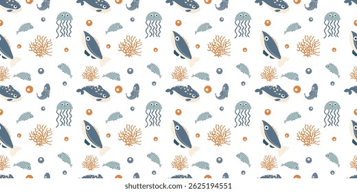 Seamless cartoon ocean animals pattern with fish, coral, and starfish. Perfect for baby fabric, wrapping paper, and playful sea-themed illustrations