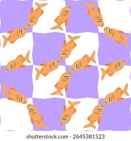 Padrão de peixe laranja sem emenda do desenho animado. Padrão sem costura com desenho animado peixe laranja em um fundo xadrez distorcido em roxo e branco. Design aquático plano com divertida vibração marinha.