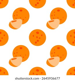 Seamless Cartoon Orange Fruit Pattern. Bright flat pattern with whole and halved oranges on white background. Flat cartoon seamless citrus fruit design.