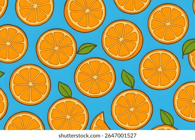 Seamless cartoon orange slices with green leaves on a bright blue background. Perfect for summer-themed packaging, fabric, wallpapers, and fruity digital designs.