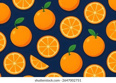 Seamless cartoon orange slices with green leaves on a dark blue background. Perfect for sweet-themed packaging, cafe themes, and fruity digital designs.