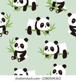 Caricatura sin foco de oso panda con hojas de bambú sobre fondo verde. Patrón de Panda lindo para los niños tela tejido de vivero decoración de envolver papel.Ilustración vectorial.