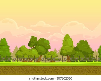 Seamless Cartoon Park Landscape, Endless Illustration With Separated Layers For Parallax Effect