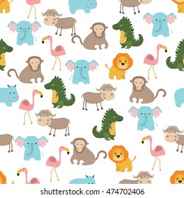 Seamless cartoon pattern with african animals on white background.