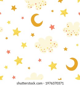 Seamless cartoon pattern with air clouds, stars and the moon. Trendy decorative pattern in warm colors.