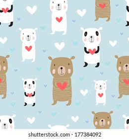 Seamless cartoon pattern with bears. Panda, polar bear and a Russian bear holding heart.
