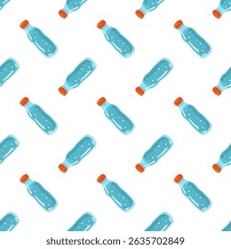 Seamless cartoon pattern with blue plastic water bottles and red caps on clean white background. Cartoon vector style