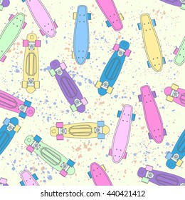 seamless cartoon pattern with bright neon penny board, for boy and girl, on Blob doted background