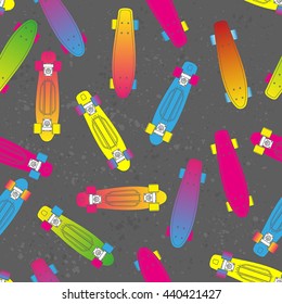 seamless cartoon pattern with bright neon penny board, for boy and girl, on Blob doted background