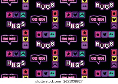 Padrão de desenho animado perfeito com bolhas de fala brilhantes, ícones coração, estrela, olhos, palavras ABRAÇOS, OH NÃO!. Girlish comics neon design colorido para roupas de crianças, papel de embrulho, artigos de papelaria.