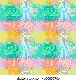 Seamless cartoon pattern bugs. Bright mistakes cartoon pattern on splashes of paint. Infinitely repeating motif of natural forms. Vector illustration of doodle.