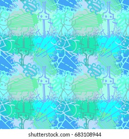 Seamless cartoon pattern bugs. Bright mistakes cartoon pattern on splashes of paint. Infinitely repeating motif of natural forms. Vector illustration of doodle.