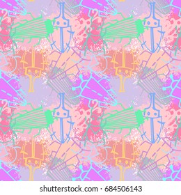 Seamless cartoon pattern bugs. Bright bugs cartoon pattern on splashes of paint. Infinitely repeating motif of natural forms. Vector illustration of doodle.