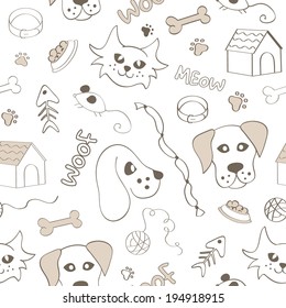 Seamless cartoon pattern with cats and dogs on white background in vector 