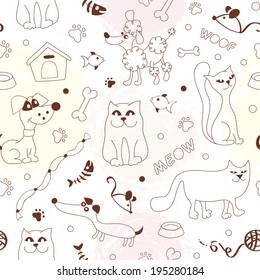 Seamless cartoon pattern with cats and dogs on light background in vector 
