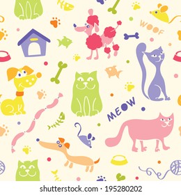 Seamless cartoon pattern with cats and dogs on beige background in vector 