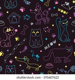 Seamless cartoon pattern with cats and dogs on black background in vector 