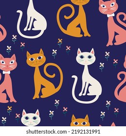 Seamless cartoon pattern with cats 
and flowers.