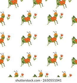 Seamless cartoon pattern of cheerful green grasshoppers wearing orange sweaters and yellow hats, paired with red tulip flowers on a white background.
