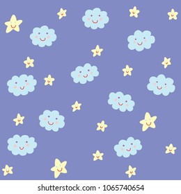 Seamless cartoon pattern with clouds and stars.