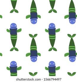 Seamless cartoon pattern. Cute blue fish with green tail on the white background. Kids background.