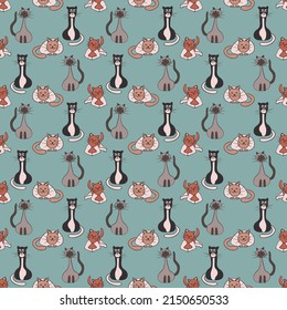 Seamless cartoon pattern in cute cats. Funny background for textile, wallpaper, pattern fills, covers, surface, print, wrap, scrapbooking, decoupage
