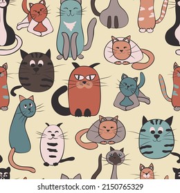 Seamless Cartoon Pattern In Cute Cats. Funny Background For Textile, Wallpaper, Pattern Fills, Covers, Surface, Print, Wrap, Scrapbooking, Decoupage