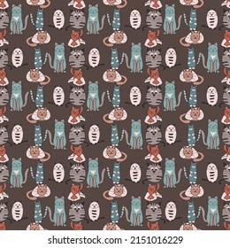 Seamless cartoon pattern in cute cats. Funny background for textile, wallpaper, pattern fills, covers, surface, print, wrap, scrapbooking, decoupage