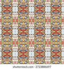 Seamless cartoon pattern with cute characters, colorful illustrations, playful design, decorative background, and whimsical artistic style.
