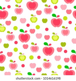 Seamless cartoon pattern with cute colorful pink and green apples and spots of different sizes. Warm spring vector background