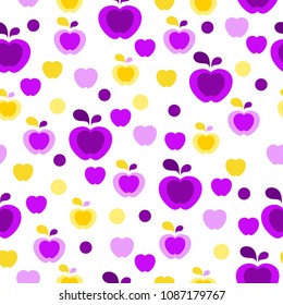 Seamless cartoon pattern with cute colorful violet and yellow apples and spots of different sizes. Warm spring vector background